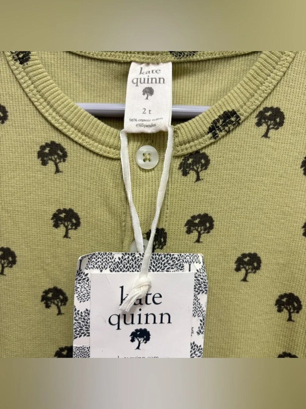 Kate Quinn Unisex Long Sleeve Henley Jumpsuit Green with Trees NWT 2T